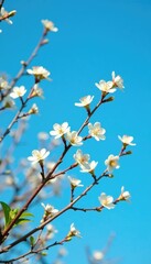 Fototapeta premium Long slender branches with small white blooms isolated against a bright blue sky, botanical, leaves, stems