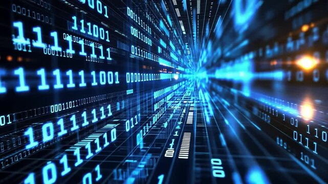 Digital Stream: Immerse yourself in the dynamic flow of binary code and the intricacies of the digital world. A visually captivating scene of data streaming, representing interconnectedness.