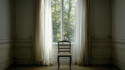 Fototapeta premium A wooden chair positioned in front of a large window with sheer curtains, allowing natural light to flood a serene workspace.