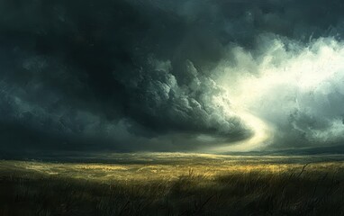 Fototapeta premium A tornado twisting over a vast, open field, with dark clouds and ominous lighting