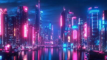 Fototapeta premium futuristic city at night with neon lights generative ai