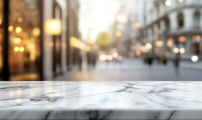 Fototapeta premium Marble Countertop with Blurry City Street Background Product Display Mockup
