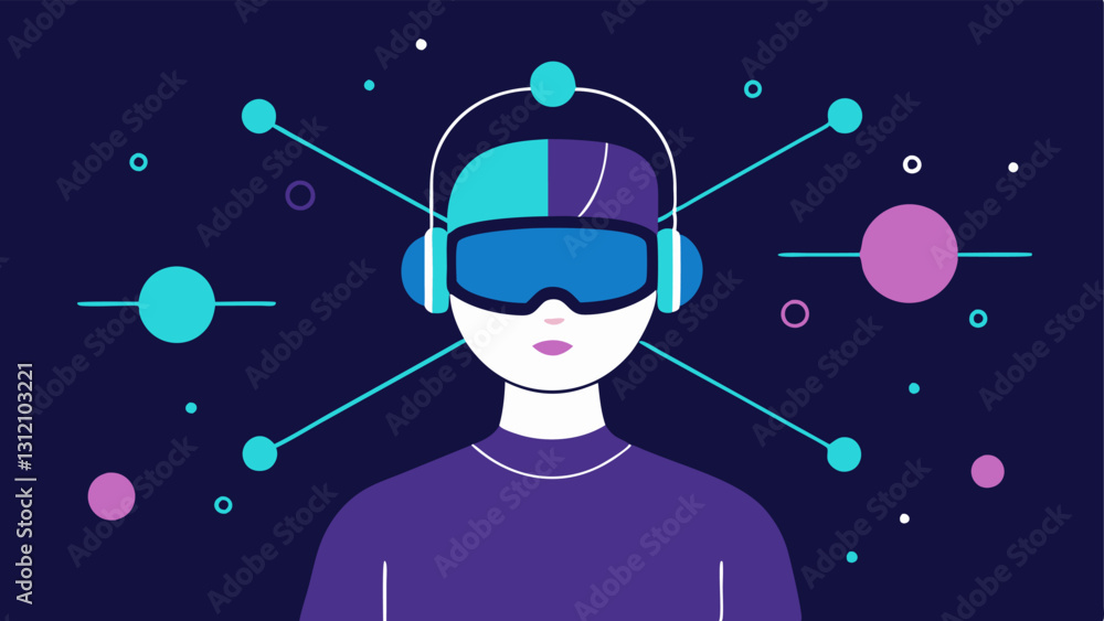 Poster user with headset a person wearing a sleek futuristic headset with glowing nodes. lines represent si