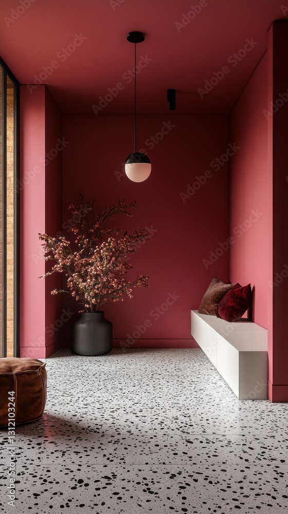 Poster this minimal modern entrance hall features a striking dark pink wall, complemented by a stylish ligh