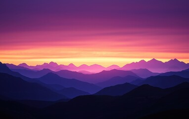 Fototapeta premium A tranquil sunset in the mountains, with the sky changing from golden to deep purple as night approaches