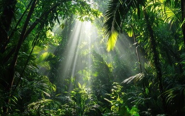 Obraz premium A tropical rainforest with sunlight filtering through thick green foliage