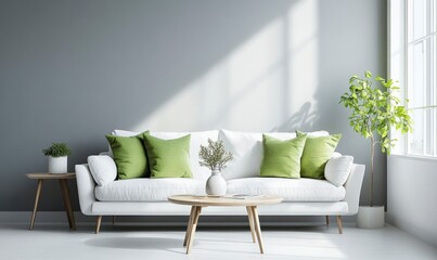 Bright Living Room with White Sofa and Green Accents Interior Design