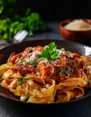 A plate of tagliatelle pasta with rich ragu sauce, sprinkled with freshly grated parmesan 2