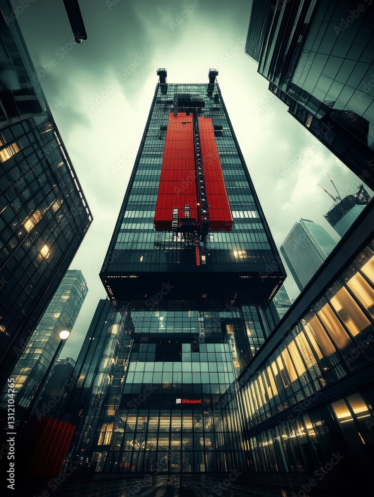 Aufkleber low angle view of a tall skyscraper at night, featuring a large red vertical element on its facade. 