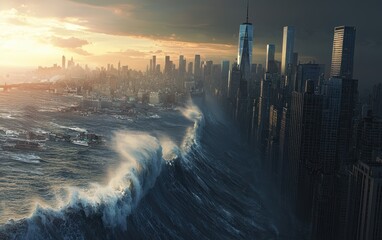 Fototapeta premium A tsunami wave rising from the ocean, preparing to crash onto a city coastline