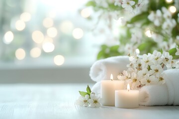 Burning Candles with Rolled Towels and White Blossoms for Relaxation