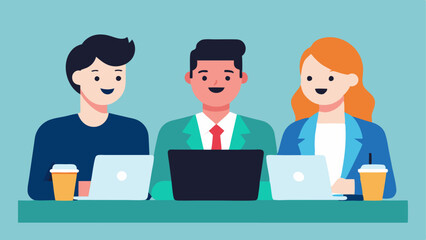 Fototapeta premium Team Negotiation Three colleagues in business attire at a coffee shop each with a laptop and phone collaborating on finding the best deals on office supplies.