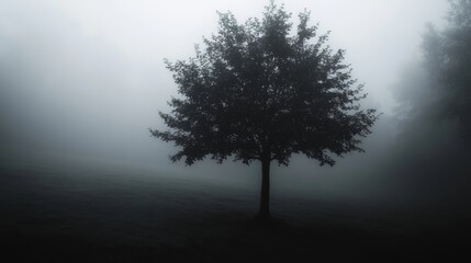 Silhouette of an isolated tree in a foggy forest nature scene landscape photography mystical atmosphere serene view isolation