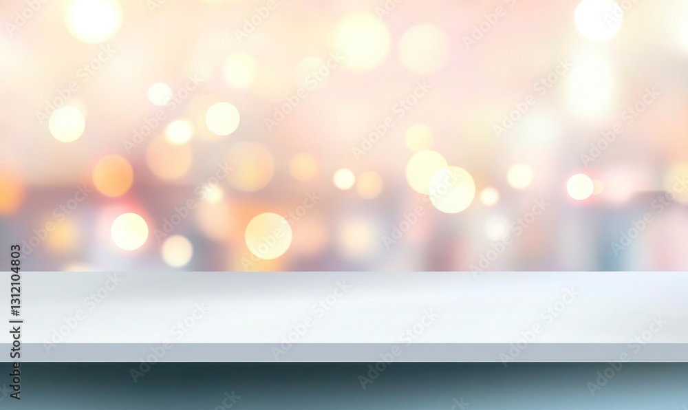 Poster empty white tabletop with blurred lights background ideal for mockups