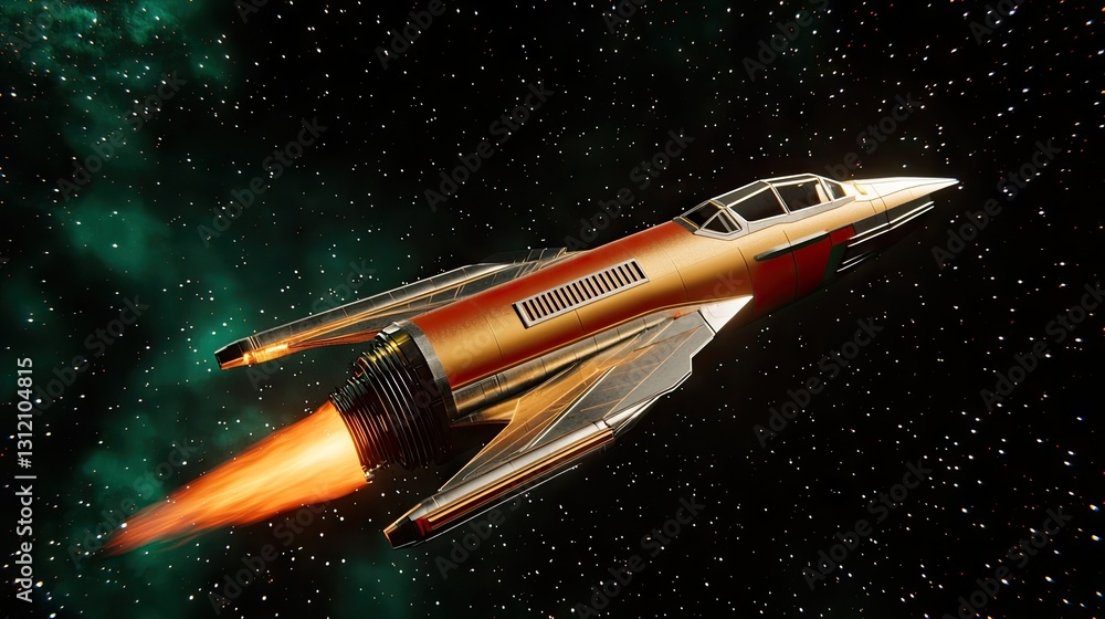 Poster a sci-fi inspired rocket engine generating a burst of energy as it ascends into deep space