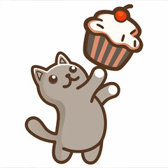 A cute gray cat standing on its hind legs, reaching up to grab a floating, oversized cupcake