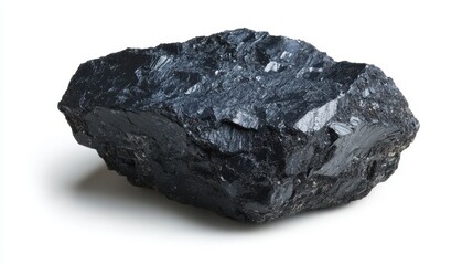 A piece of coal isolated on a white background, showcasing its dark, rugged texture and natural form.