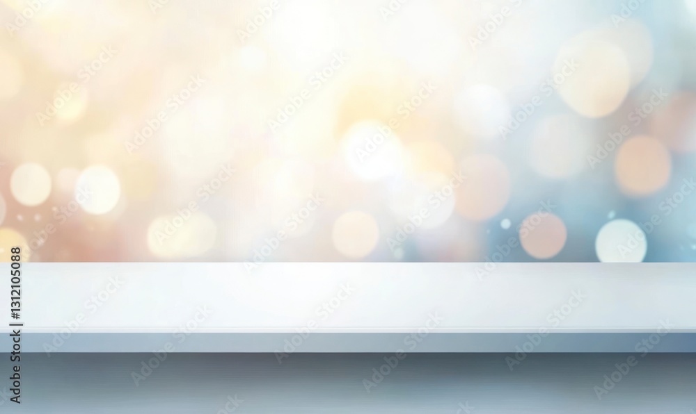 Poster display mockup with white counter and bokeh lights background for products
