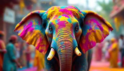 Obraz premium Elephant Painted with Vibrant Colors in Holi Festival Celebration