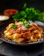 A plate of tagliatelle pasta with rich ragu sauce, sprinkled with freshly grated parmesan