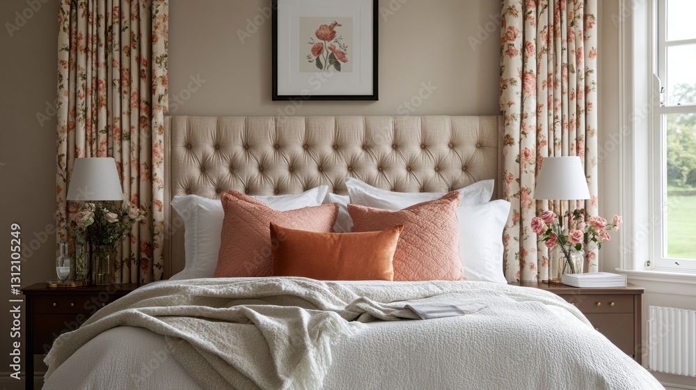 Poster soft light filters through elegant alpine oat curtains in a beautifully styled bedroom. plush cushio
