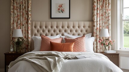 Soft light filters through elegant Alpine Oat curtains in a beautifully styled bedroom. Plush cushions and a delicate floral print add warmth and comfort, perfect for unwinding after a long day