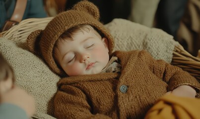 Peaceful Toddler Sleeping in Brown Knitted Cardigan and Bear Hat