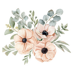 Watercolor bouquet with anemones on a peach pink color, different eucalyptus branches on a savage color.. Can be used on fabrics and paper products and other. 