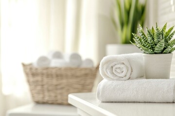 Clean Rolled Towels and Potted Plant on Bathroom Counter for Spa