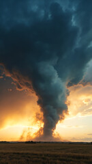 A tornado, adorned with an ominous beauty, unfolds at enchanting hour of sunset, as celestial canvas is painted with a dramatic sky, while twisting