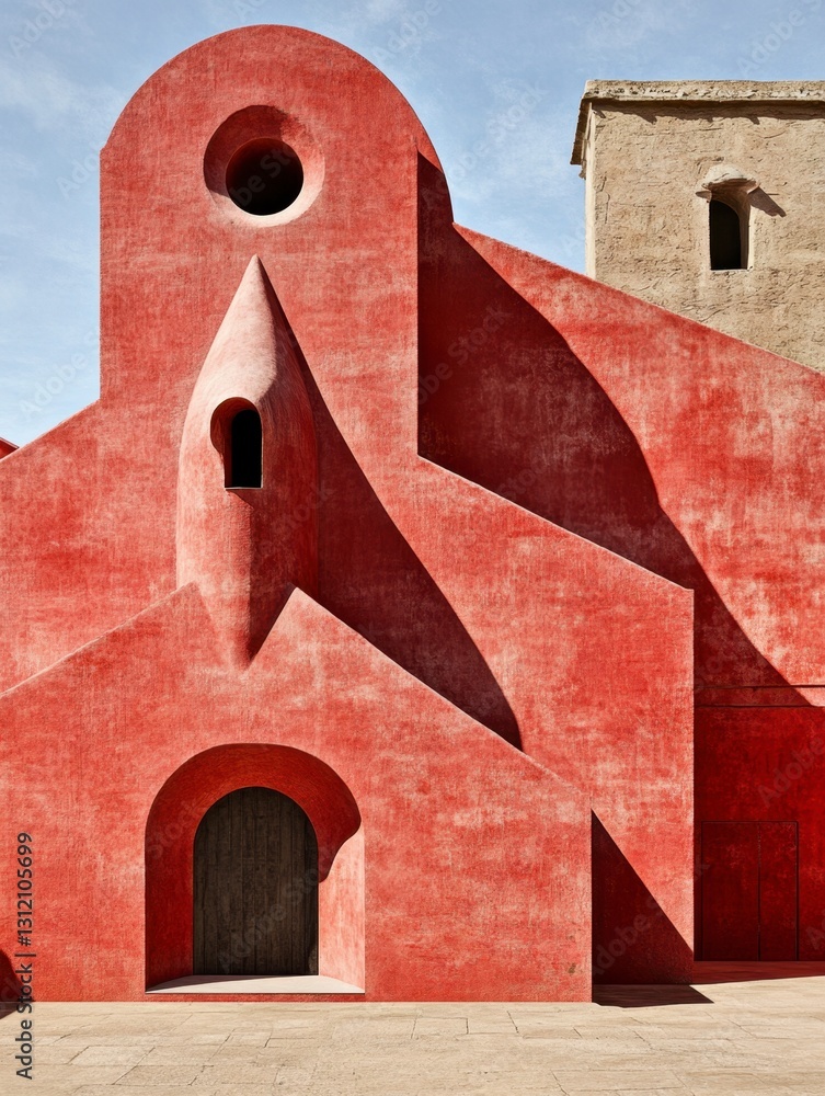 Poster red building with unique architectural details under bright sunlight. geometric shapes and textured 