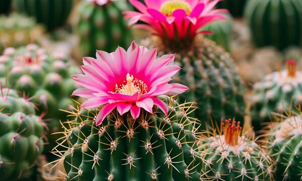 Vivid pink cactus flower blooming amongst thorny cacti