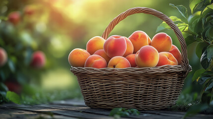 Wicker basket overflowing with freshly picked peaches in orchard. Summer fruit harvest.