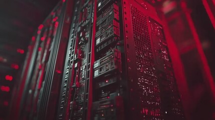 Obraz premium Close up view of a server's internal components, illuminated with red lighting, showcasing intricate circuitry and hardware.