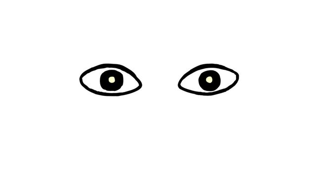 Eyes widen slowly frightened, worried, squints and run away. Hand drawn cartoon flat doodle moving eyes emoji. Facial expression. Black outline, line art style frame by frame. Alpha channel