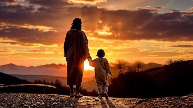 Jesus Christ walking hand in hand with a child at sunset 4K