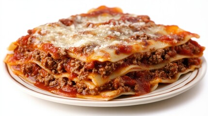 A plate of tasty lasagna topped with rich bolognese sauce, isolated on a white background.