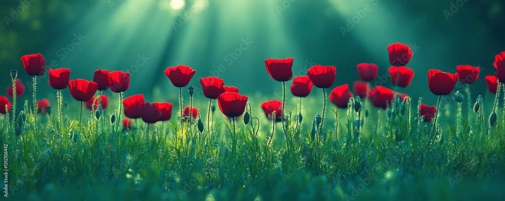 Poster vibrant red poppies in a lush green field bathed in sunlight. soft light filters through the scene, 