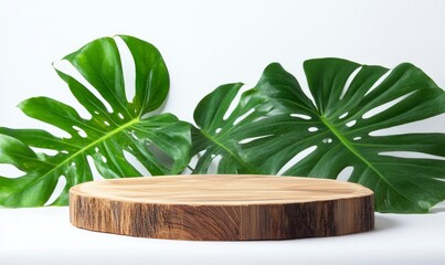 Wood Slice Display with Monstera Leaves on White Background for Products