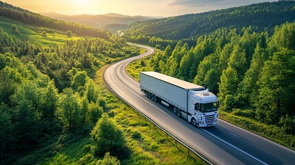 A Lone White Semi-truck Journeys Along A Winding Road Through A Lush Green Landscape Bathed In The Golden Light Of A Setting Sun