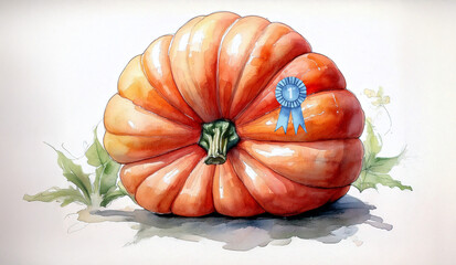 First Place Giant Pumpkin with Blue Ribbon, Giant Pumpkin Watercolor Painting, Winner of Giant Pumpkin Contest