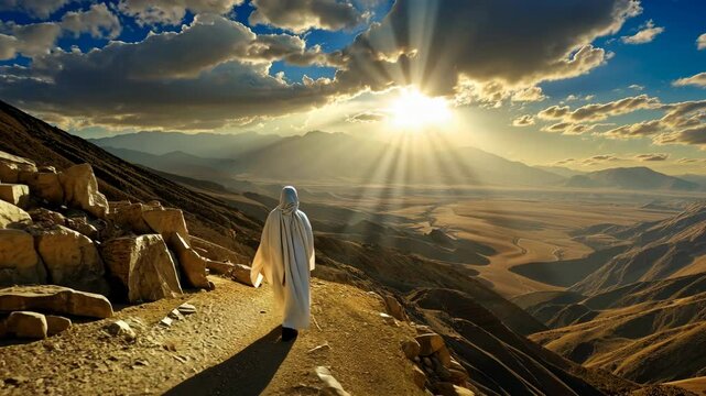 A messenger of God walking in the mountains at sunset 4K