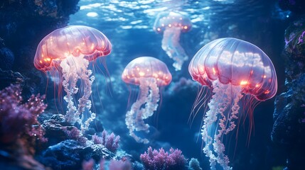 Ethereal Jellyfish Swimming Gracefully in a Vibrant Ocean Environment