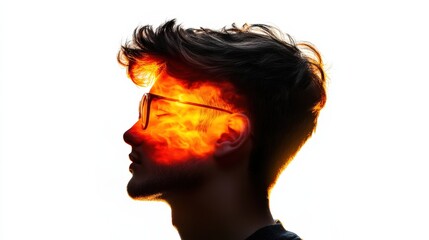 Fototapeta premium Man with a burning head portraying a powerful visual metaphor for intense emotions and creative ideas in art