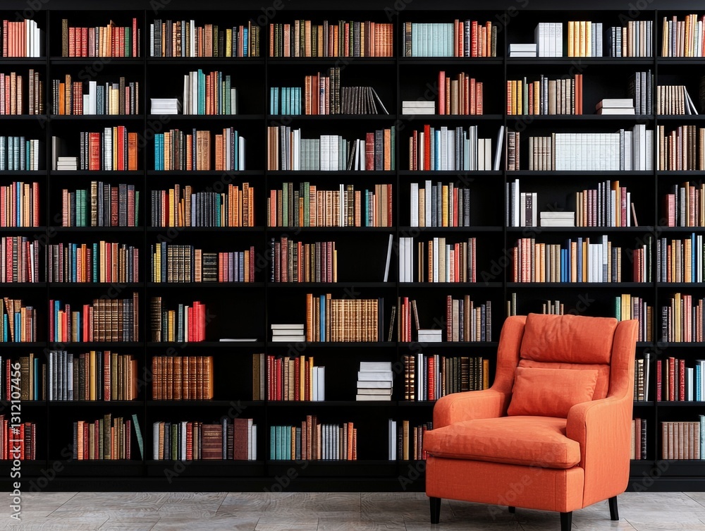 Poster serene chair positioned in front of a vast bookcase in a celestial library of endless knowledge