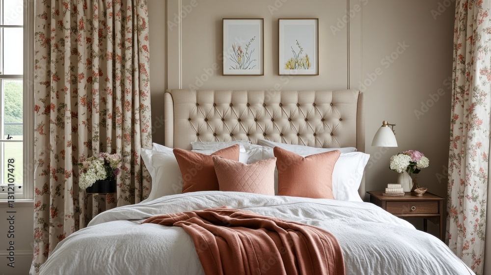 Poster bright morning light streams into a charming bedroom adorned with alpine oat curtains, complementing