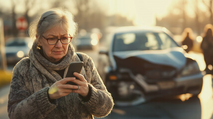 An elderly woman stands on a busy city street staring at her smartphone calling for insurance. A damaged car in the background and blurry traffic create an urban scene.
