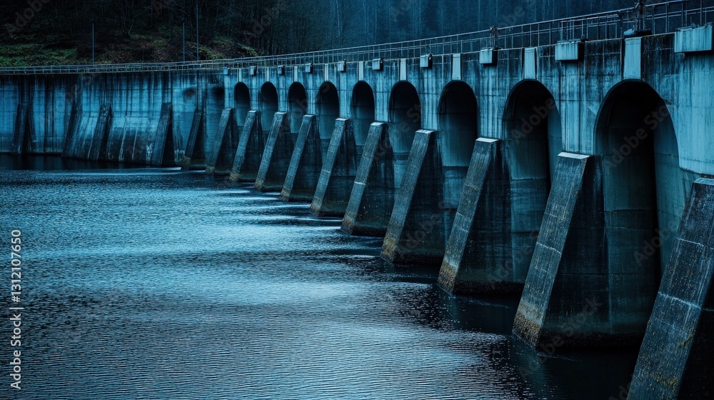 Poster serene view of a dam structure reflecting in calm waters, surrounded by a tranquil forest backdrop