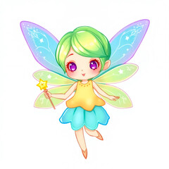 Colorful fairy character flying with a magic wand in cheerful attire and vibrant wings 