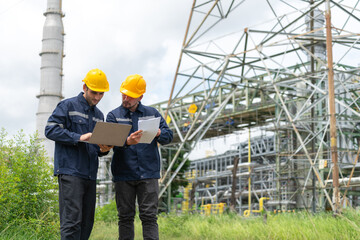 Two male petrochemical engineers with laptop working at petroleum refinery. Workers survey...